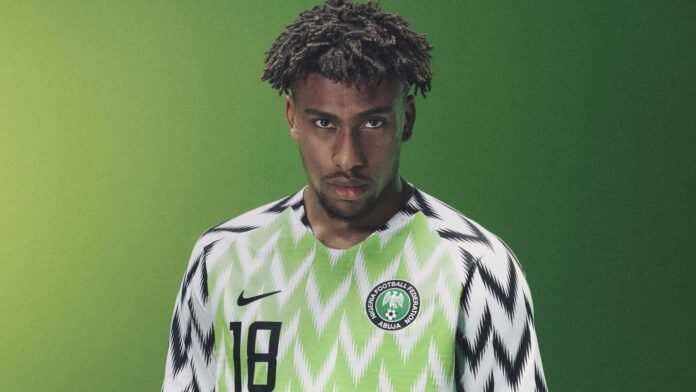 2018 Nigeria jersey showing green zigzag pattern design worn during World Cup match