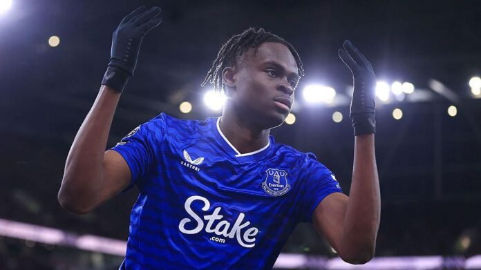 Tyrique George celebrates after completing his permanent transfer to Everton as the Super Eagles monitor the Nigerian-eligible winger.